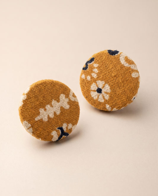 Handmade mustard, white & black floral block-print fabric button stud earrings by KEVILAGU