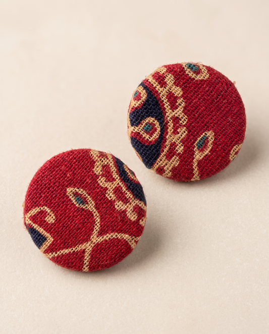 Handmade red, mustard & navy paisley block-print fabric button stud earrings by KEVILAGU