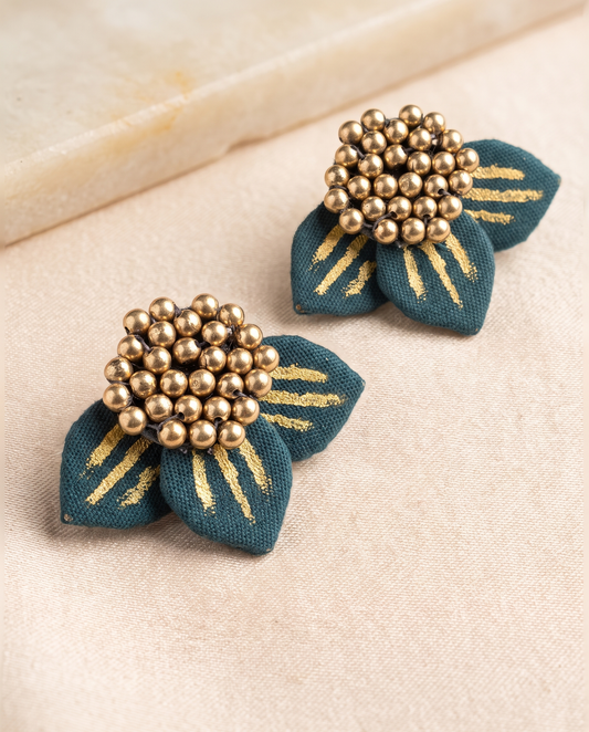 Handmade teal fabric floral stud earrings by KEVILAGU with gold bead detailing