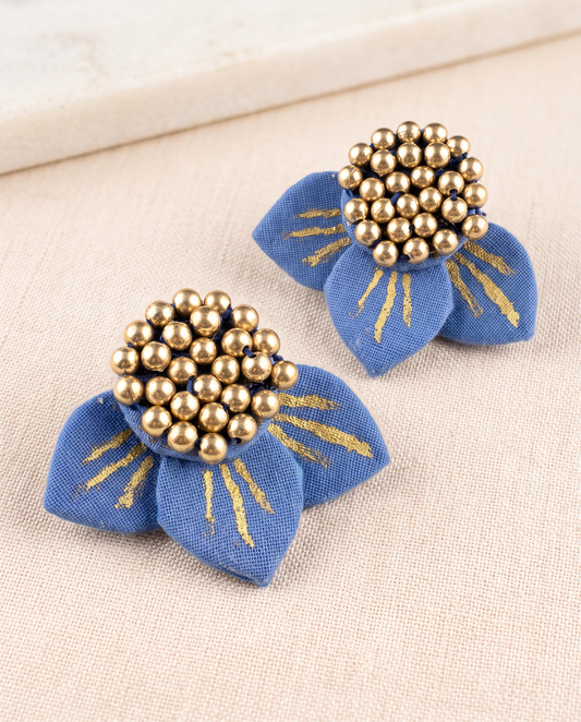 Handmade blue fabric floral stud earrings by KEVILAGU with gold stripe detailing and gold bead cluster