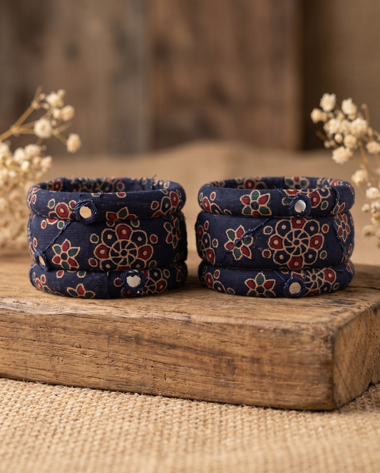 Handmade navy blue floral print fabric bangles by KEVILAGU, set of 6