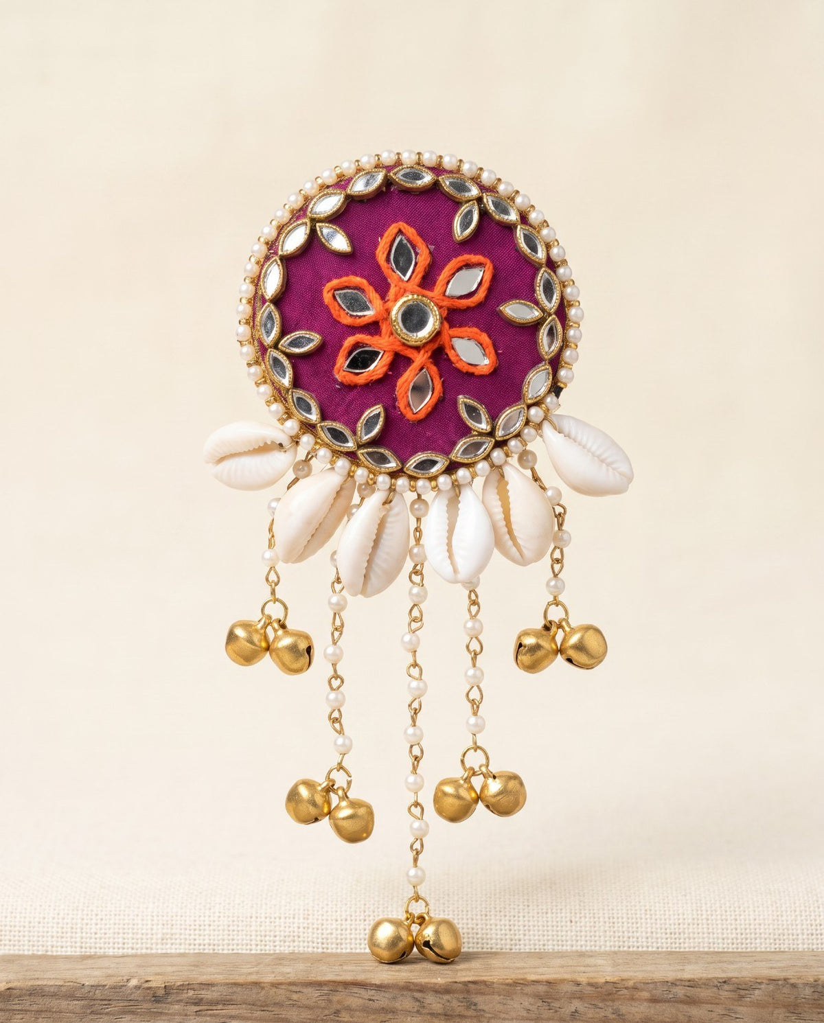 Rangili magenta mirror hair brooch with cowrie shells, pearls and golden ghungroo