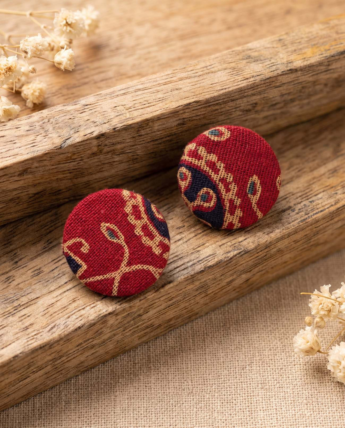 Handmade red and navy block-print fabric button stud earrings for daily wear by KEVILAGU