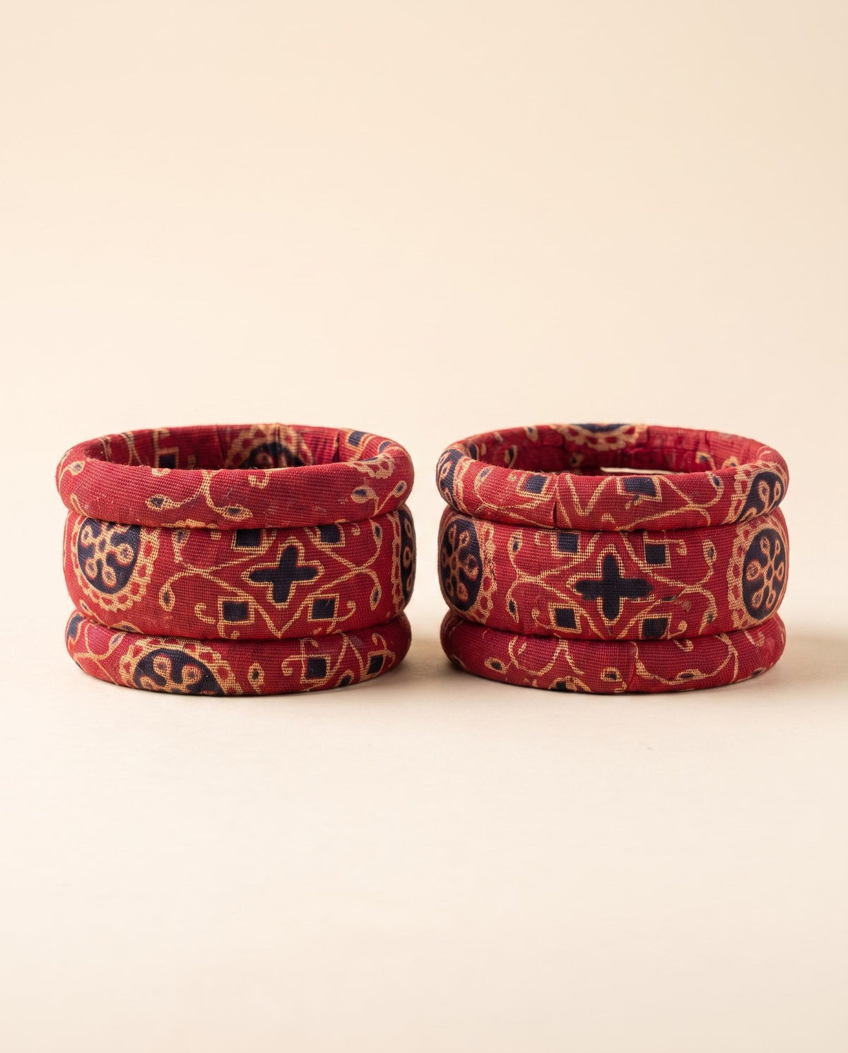 Handmade red and navy floral block-print fabric bangles set of 6 by KEVILAGU, aesthetic daily wear bangles for women