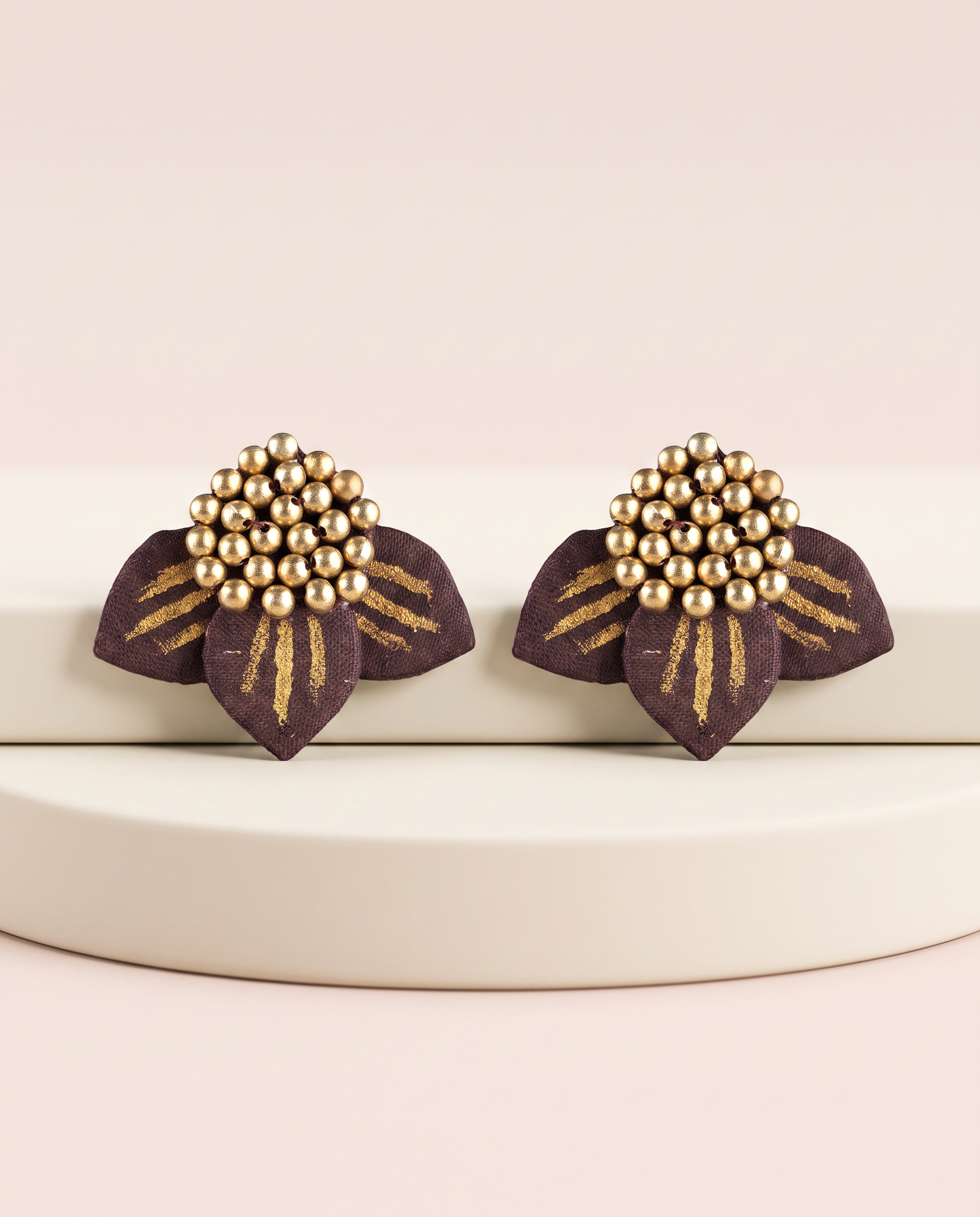 Handmade Maroon Fabric Floral Stud Earrings by KEVILAGU with gold beaded centers, front view