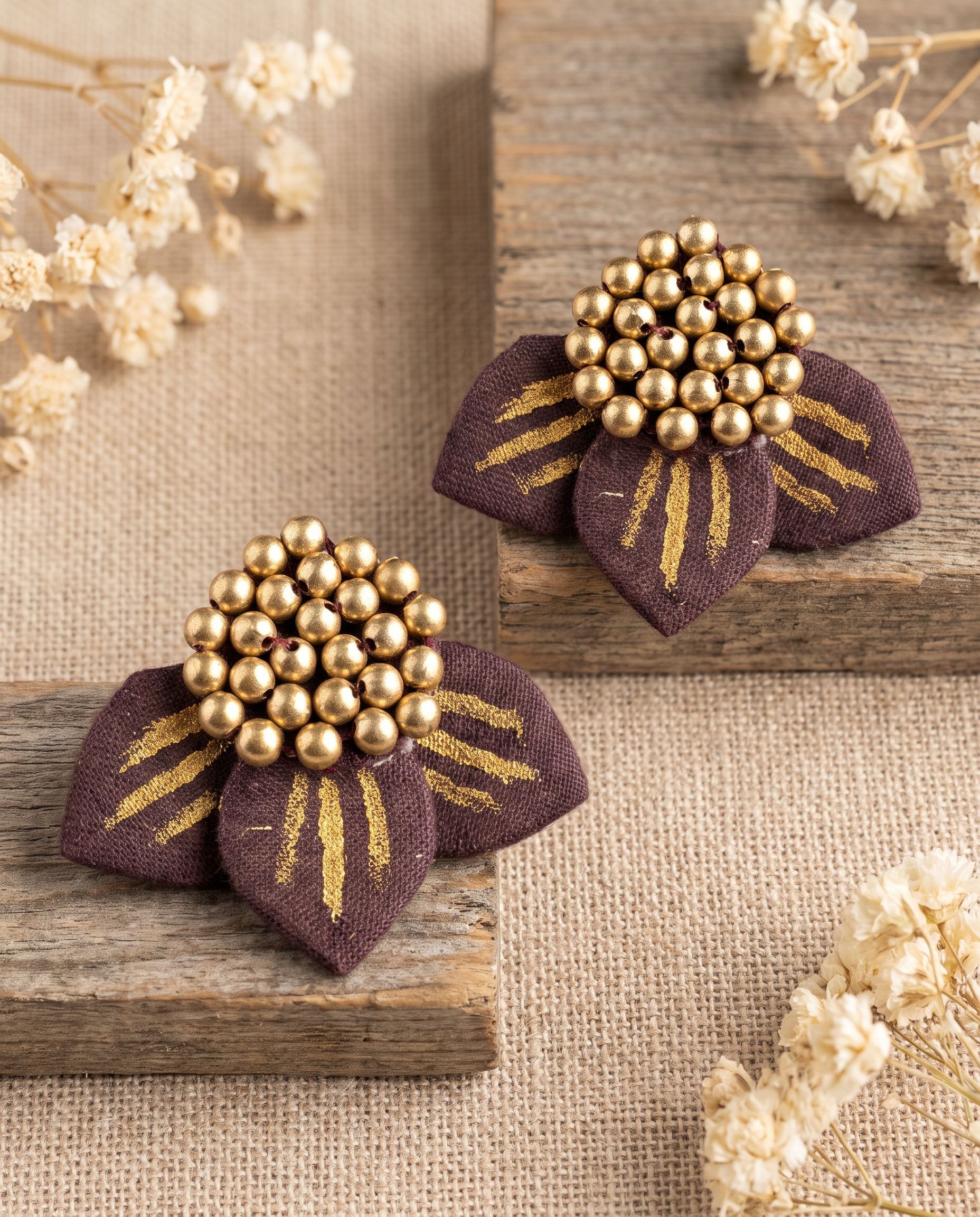 Handmade Maroon Fabric Floral Stud Earrings by KEVILAGU