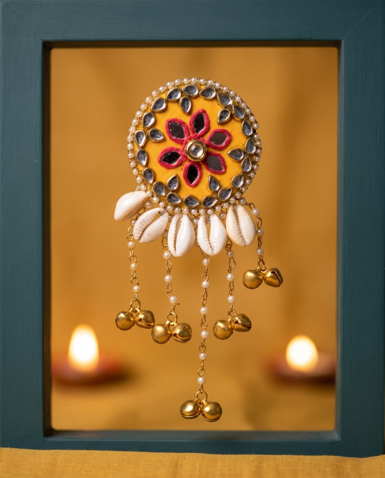 Kanak mustard yellow ethnic hair brooch with mirror work and golden ghungroo for festive styling