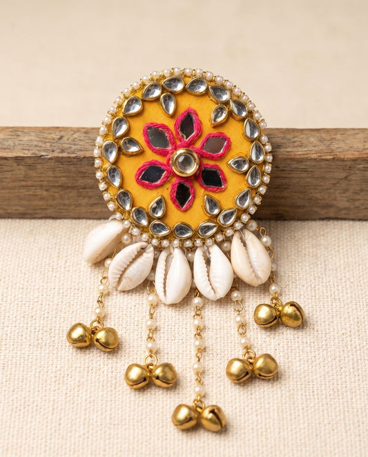 Kanak mustard yellow mirror hair brooch with cowrie shells, pearls and golden ghungroo