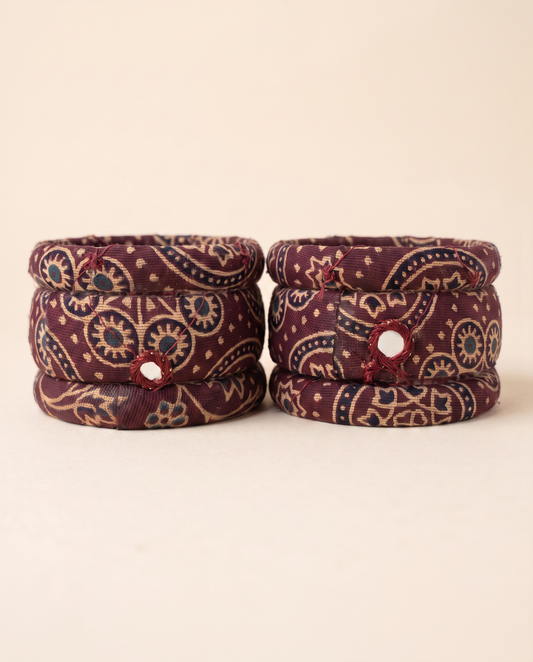 Handmade maroon paisley print fabric bangles by KEVILAGU, set of 6