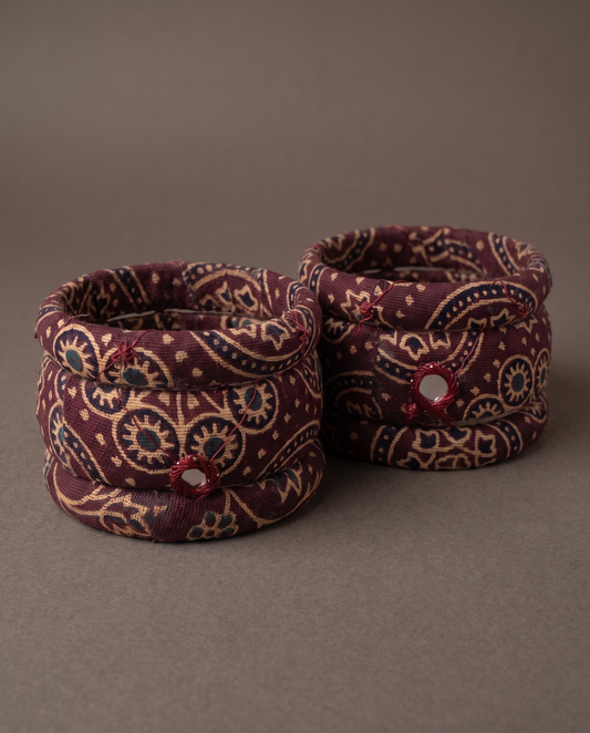 Handmade maroon paisley print fabric bangles by KEVILAGU, set of 6