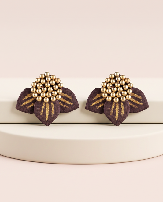 Handmade Maroon Fabric Floral Stud Earrings by KEVILAGU with gold beaded centers, front view