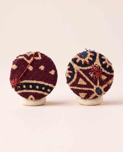 Handmade maroon, beige & black tribal block-print fabric button stud earrings by KEVILAGU