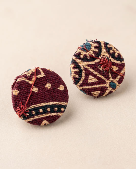 Handmade maroon, beige & black tribal block-print fabric button stud earrings by KEVILAGU
