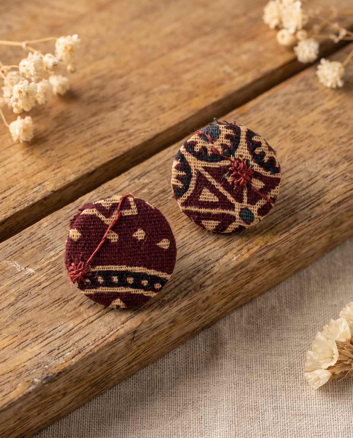 Handmade maroon, beige & black tribal block-print fabric button stud earrings by KEVILAGU
