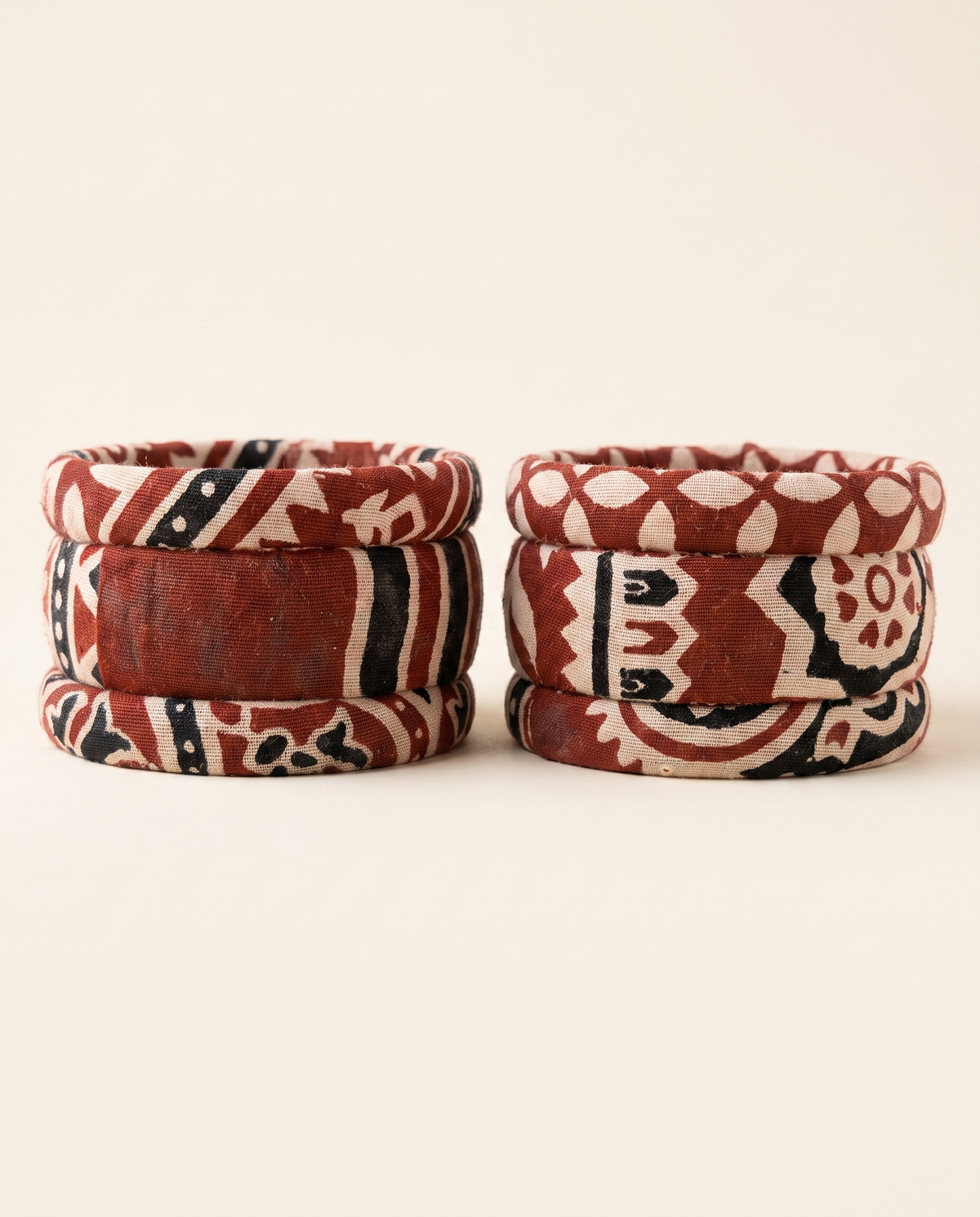 Handmade rust red tribal print fabric bangles by KEVILAGU, set of 6