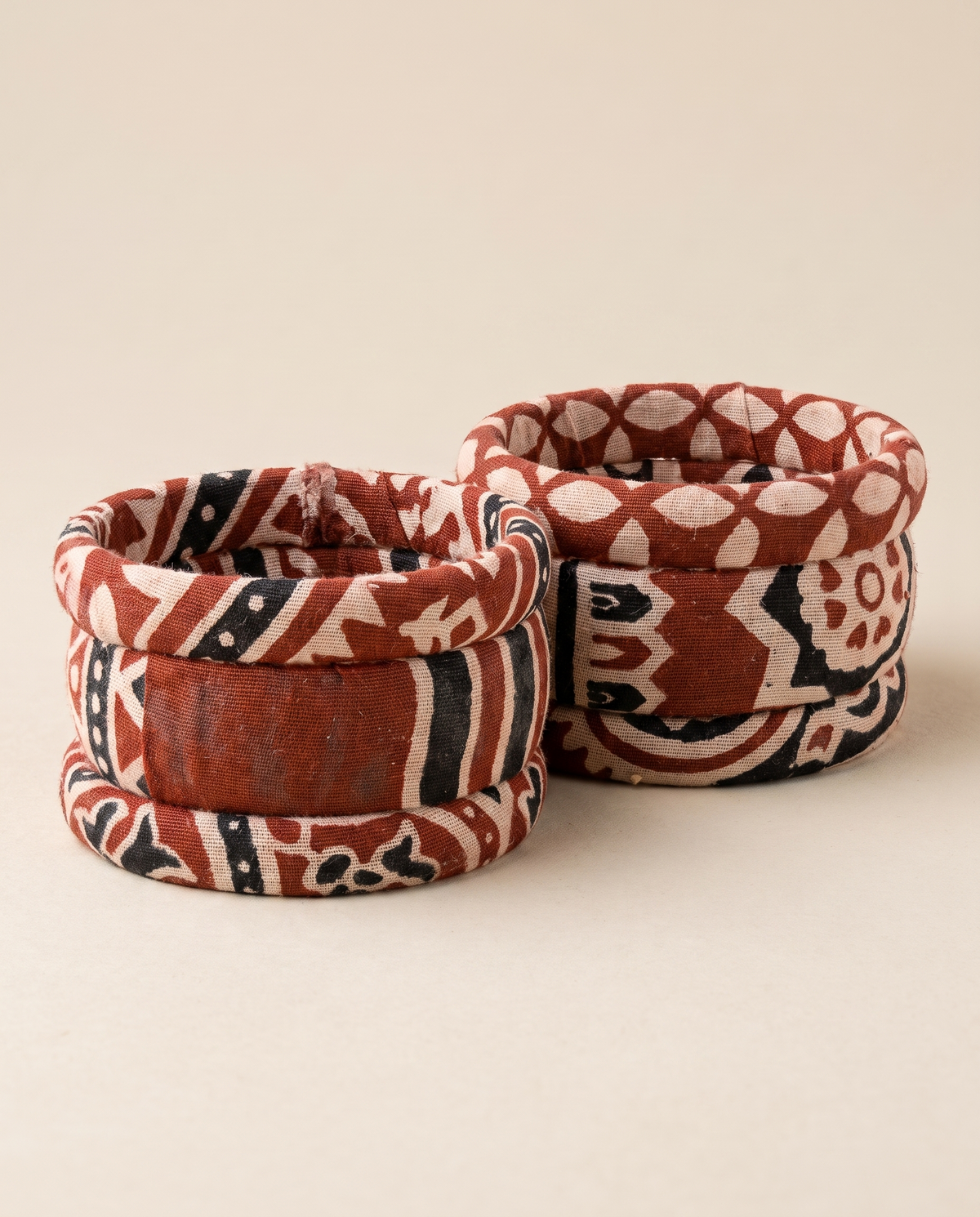 Handmade rust red tribal print fabric bangles by KEVILAGU, set of 6