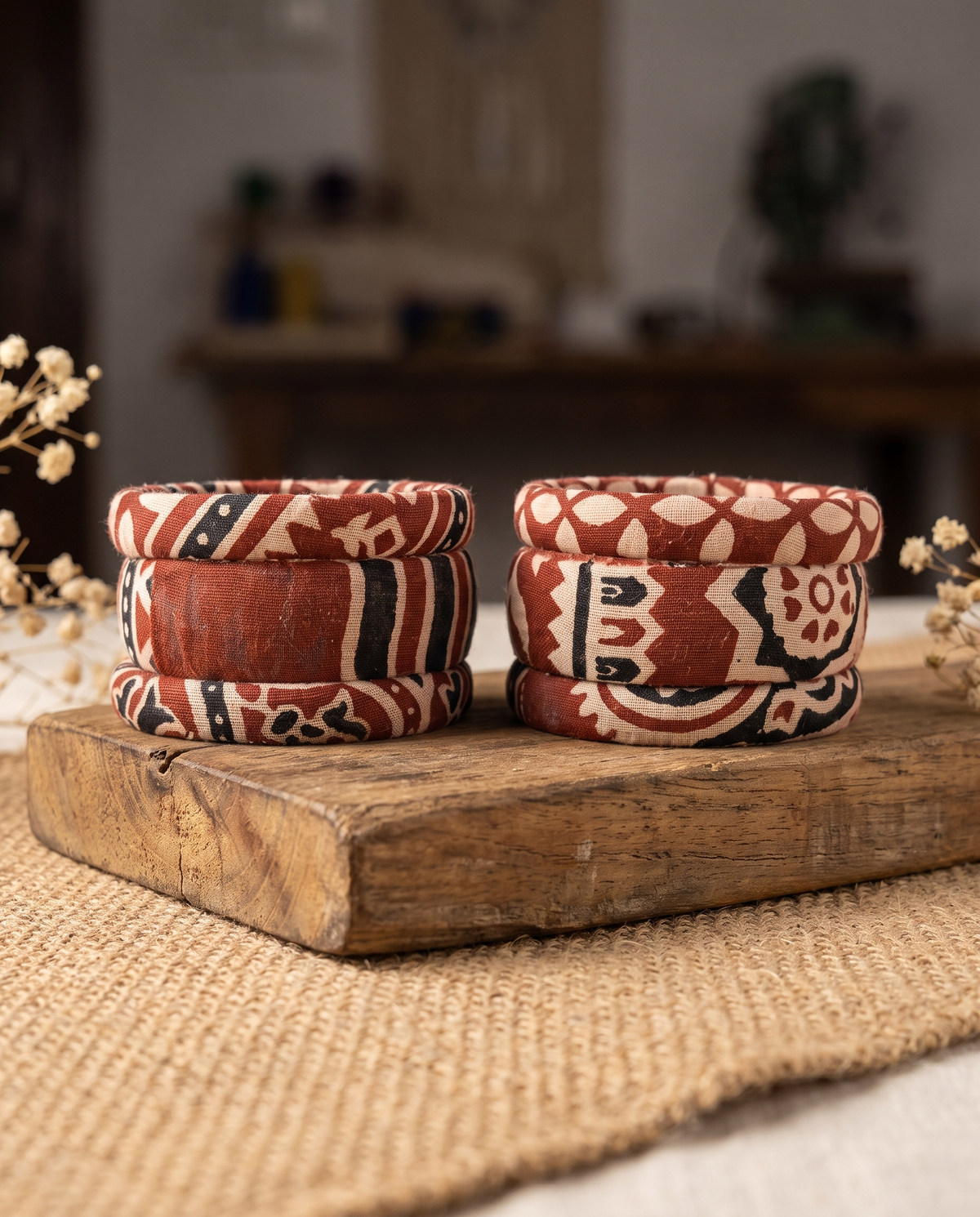 Handmade rust red tribal print fabric bangles by KEVILAGU, set of 6