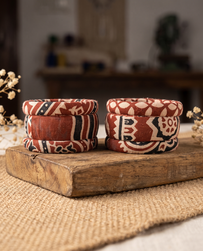 Handmade rust red tribal print fabric bangles by KEVILAGU, set of 6