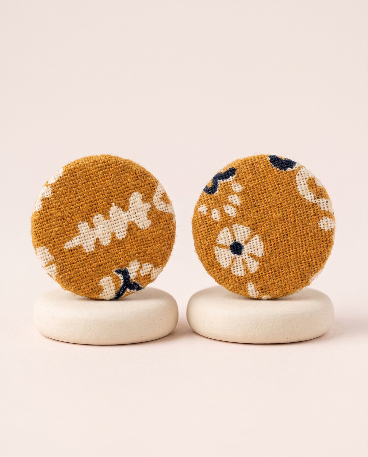 Handmade mustard, white & black floral block-print fabric button stud earrings by KEVILAGU