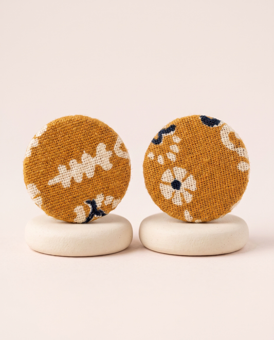 Handmade mustard, white & black floral block-print fabric button stud earrings by KEVILAGU