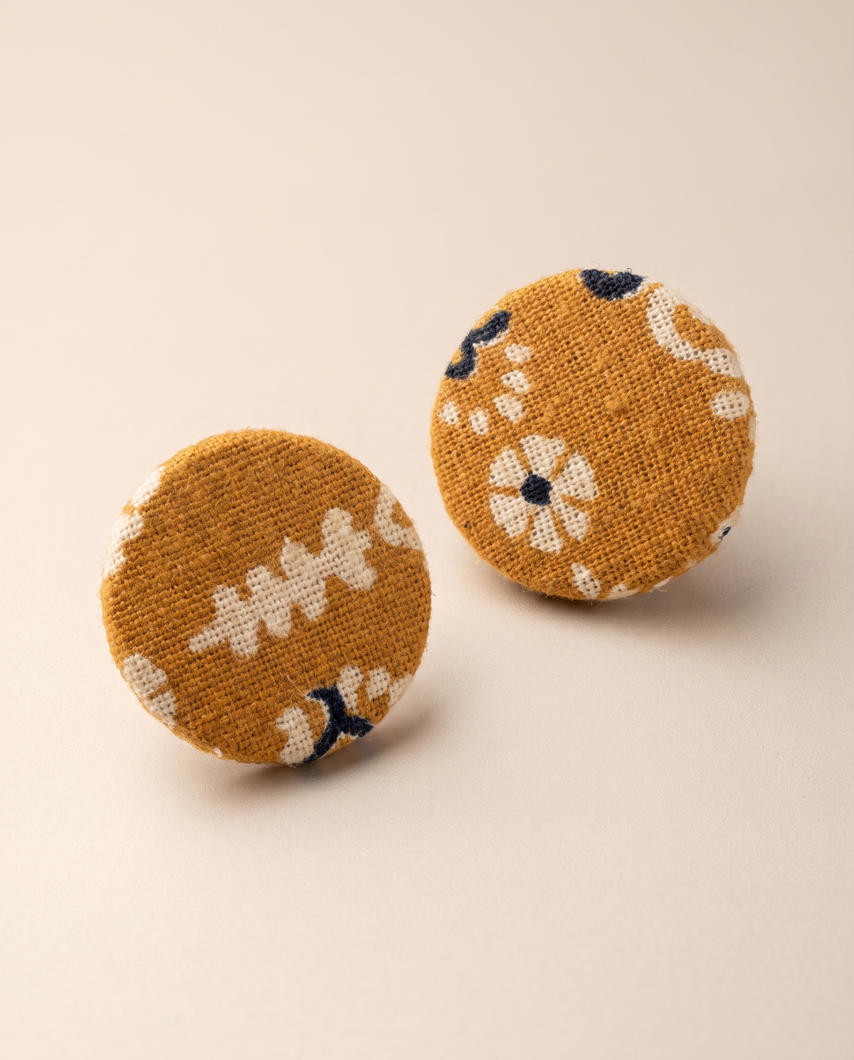 Handmade mustard, white & black floral block-print fabric button stud earrings by KEVILAGU