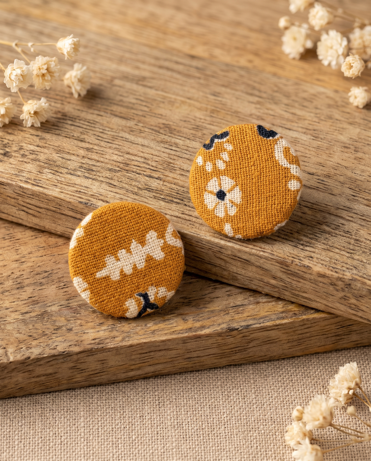 Handmade mustard, white & black floral block-print fabric button stud earrings by KEVILAGU