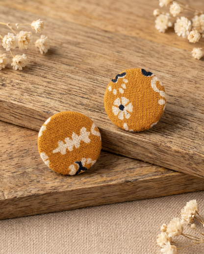 Handmade mustard, white & black floral block-print fabric button stud earrings by KEVILAGU