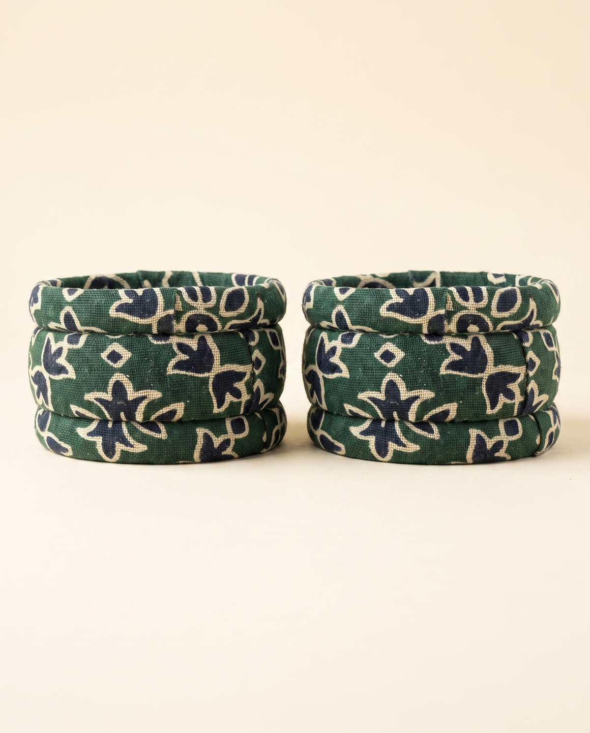 Handmade green bandhani floral print fabric bangles by KEVILAGU, set of 6