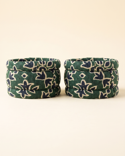 Handmade green bandhani floral print fabric bangles by KEVILAGU, set of 6