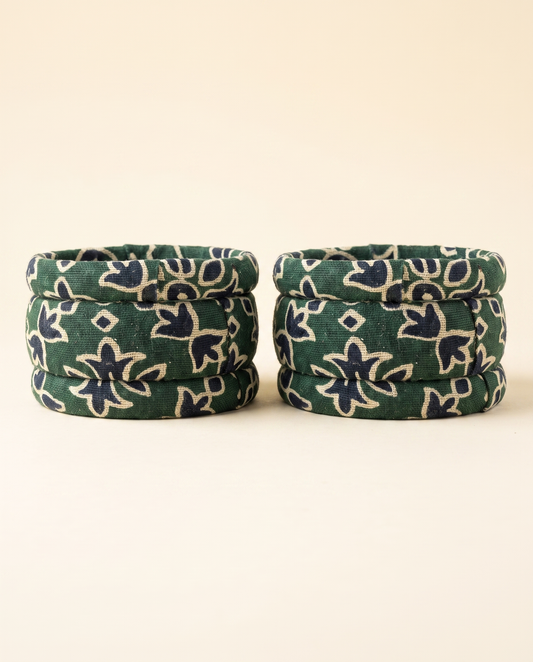 Handmade green bandhani floral print fabric bangles by KEVILAGU, set of 6