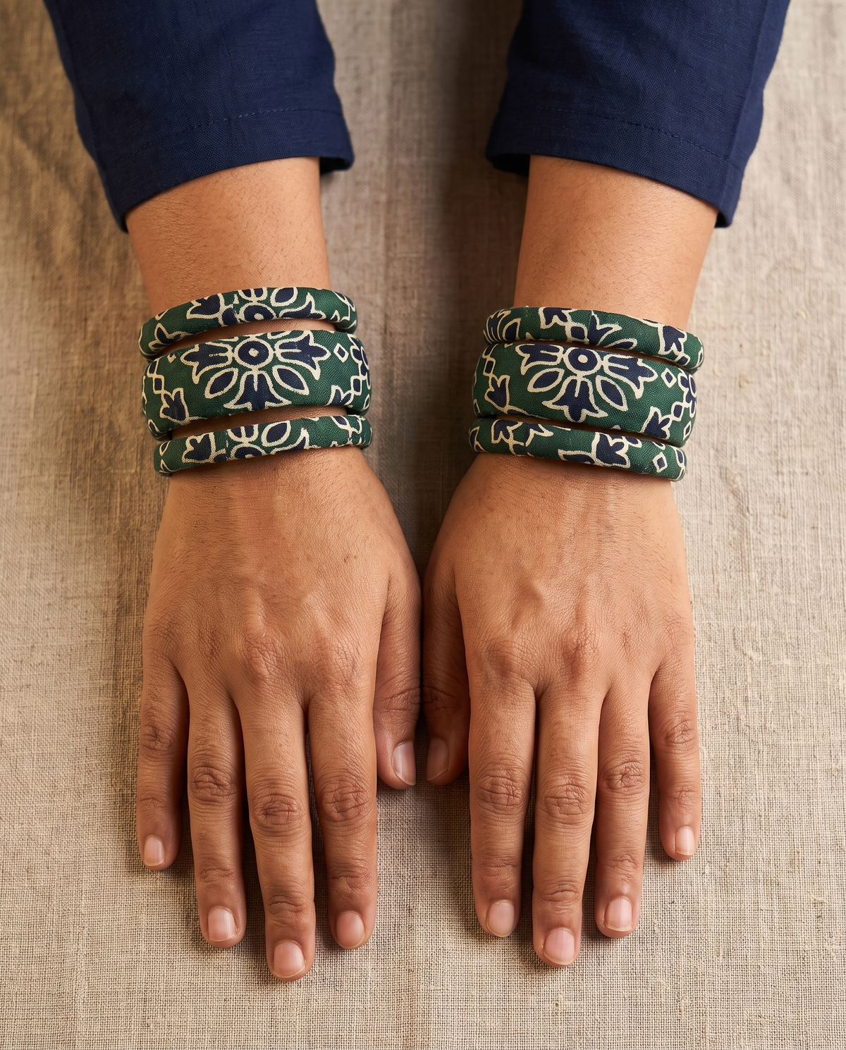 Handmade green bandhani floral print fabric bangles by KEVILAGU, set of 6