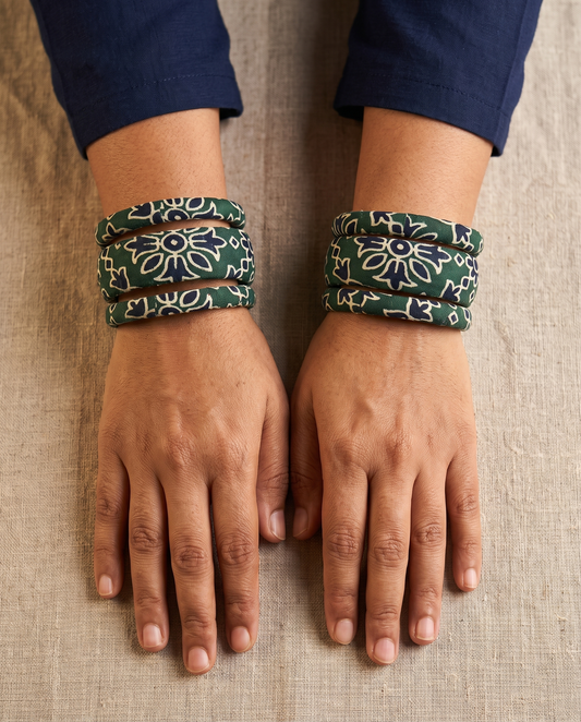 Handmade green bandhani floral print fabric bangles by KEVILAGU, set of 6