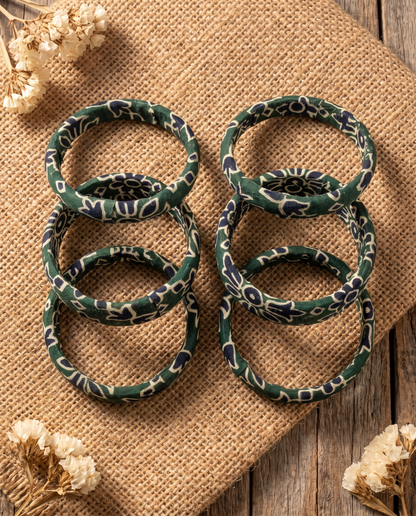 Handmade green bandhani floral print fabric bangles by KEVILAGU, set of 6