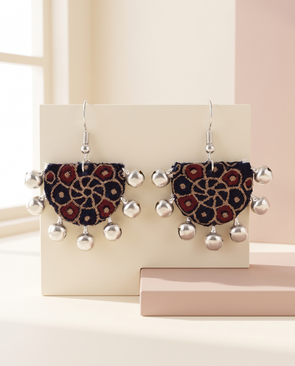 Handmade navy, mustard & maroon block-print fabric ghungroo dangle earrings by KEVILAGU with silver bell fringe