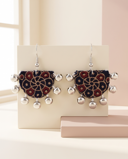 Handmade navy, mustard & maroon block-print fabric ghungroo dangle earrings by KEVILAGU with silver bell fringe