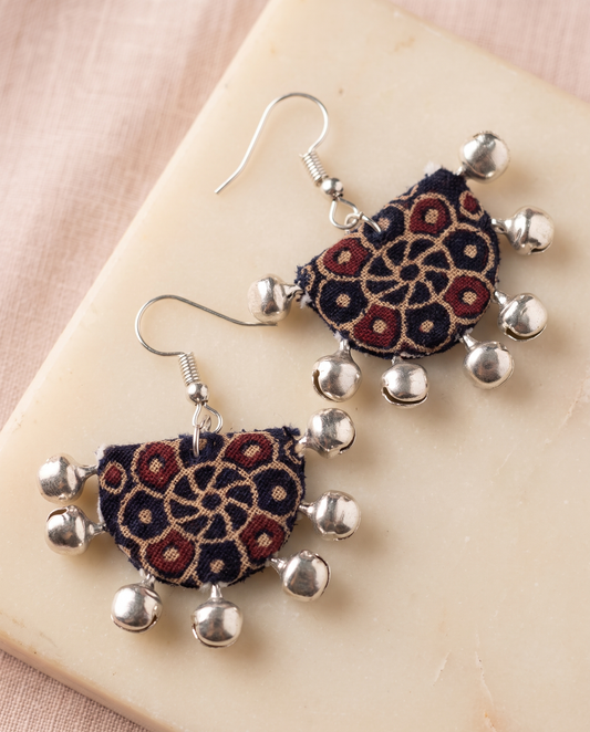 Handmade navy, mustard & maroon block-print fabric ghungroo dangle earrings by KEVILAGU with silver bell fringe