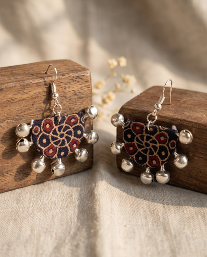 Handmade navy, mustard & maroon block-print fabric ghungroo dangle earrings by KEVILAGU with silver bell fringe