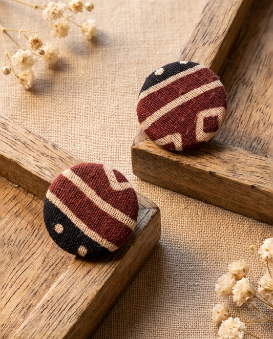 Handmade maroon, black & beige block-print fabric button stud earrings by KEVILAGU