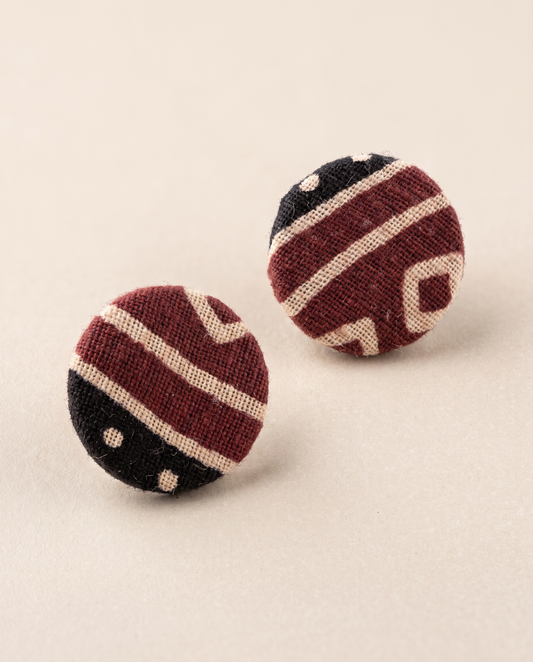 Handmade maroon, black & beige block-print fabric button stud earrings by KEVILAGU