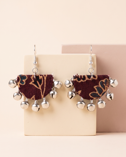 Handmade maroon, mustard & navy floral block-print fabric ghungroo dangle earrings by KEVILAGU with silver bell fringe