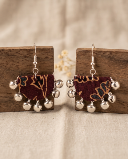Handmade maroon, mustard & navy floral block-print fabric ghungroo dangle earrings by KEVILAGU with silver bell fringe