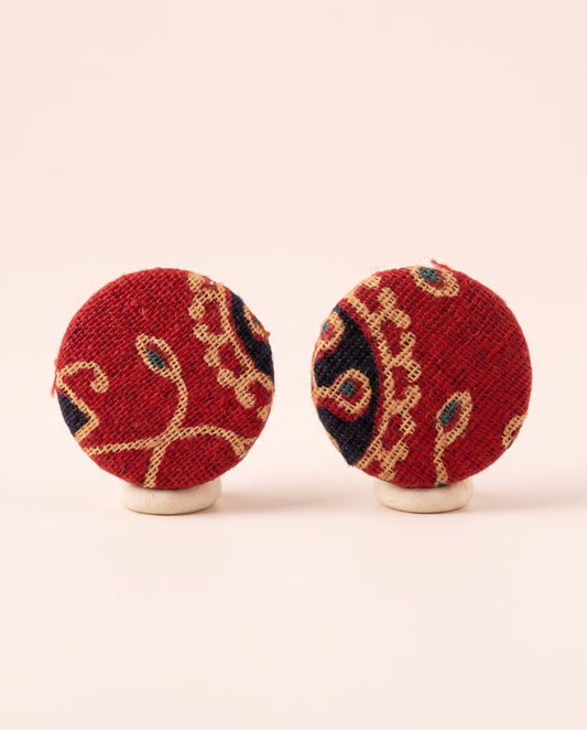 Handmade red, mustard & navy paisley block-print fabric button stud earrings by KEVILAGU