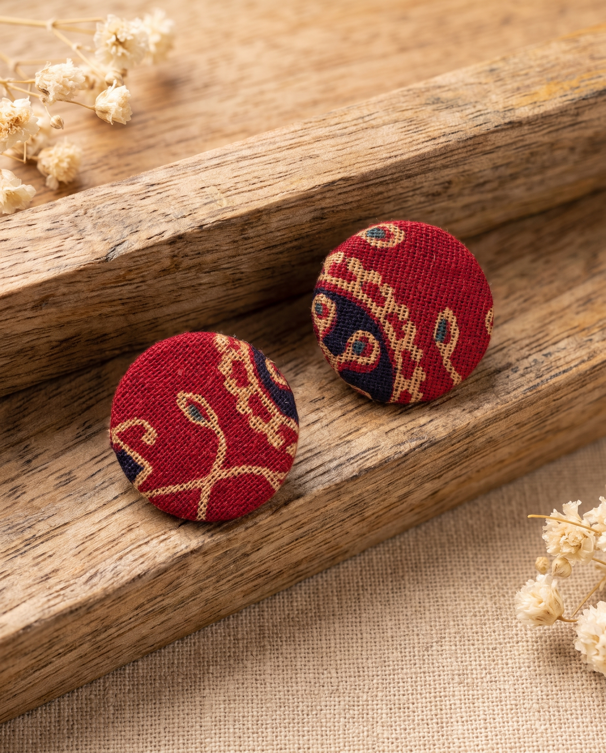 Handmade red, mustard & navy paisley block-print fabric button stud earrings by KEVILAGU