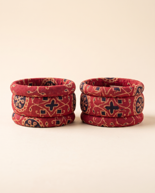 Handmade red floral print fabric bangles by KEVILAGU, set of 6