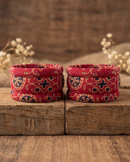 Handmade red floral print fabric bangles by KEVILAGU, set of 6