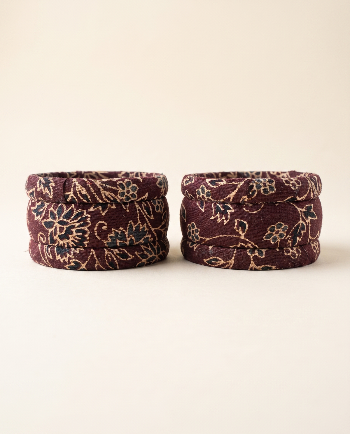 Handmade maroon floral print fabric bangles by KEVILAGU, set of 6
