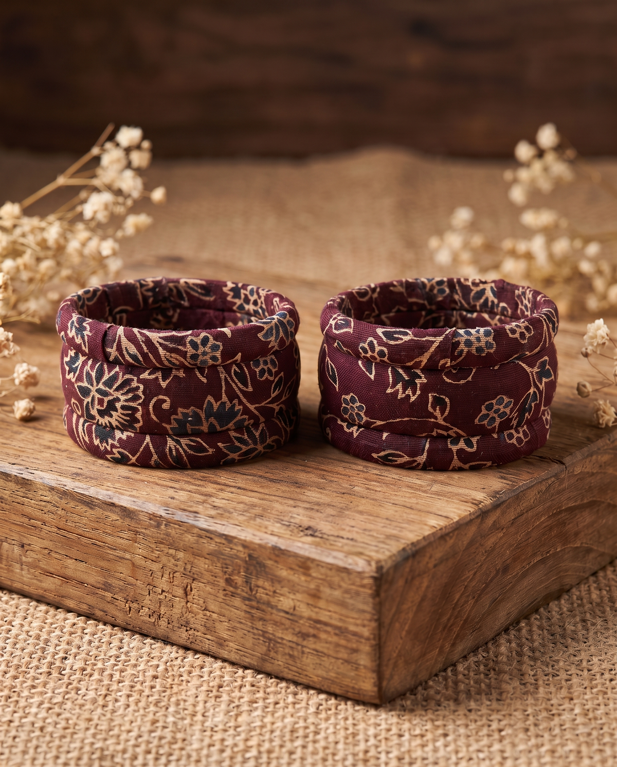 Handmade maroon floral print fabric bangles by KEVILAGU, set of 6
