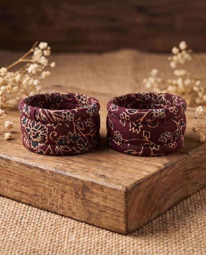 Handmade maroon floral print fabric bangles by KEVILAGU, set of 6