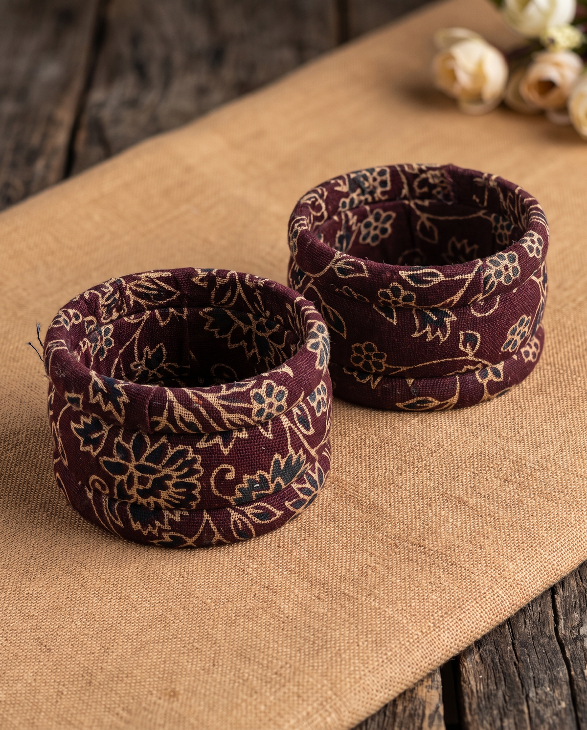 Handmade maroon floral print fabric bangles by KEVILAGU, set of 6