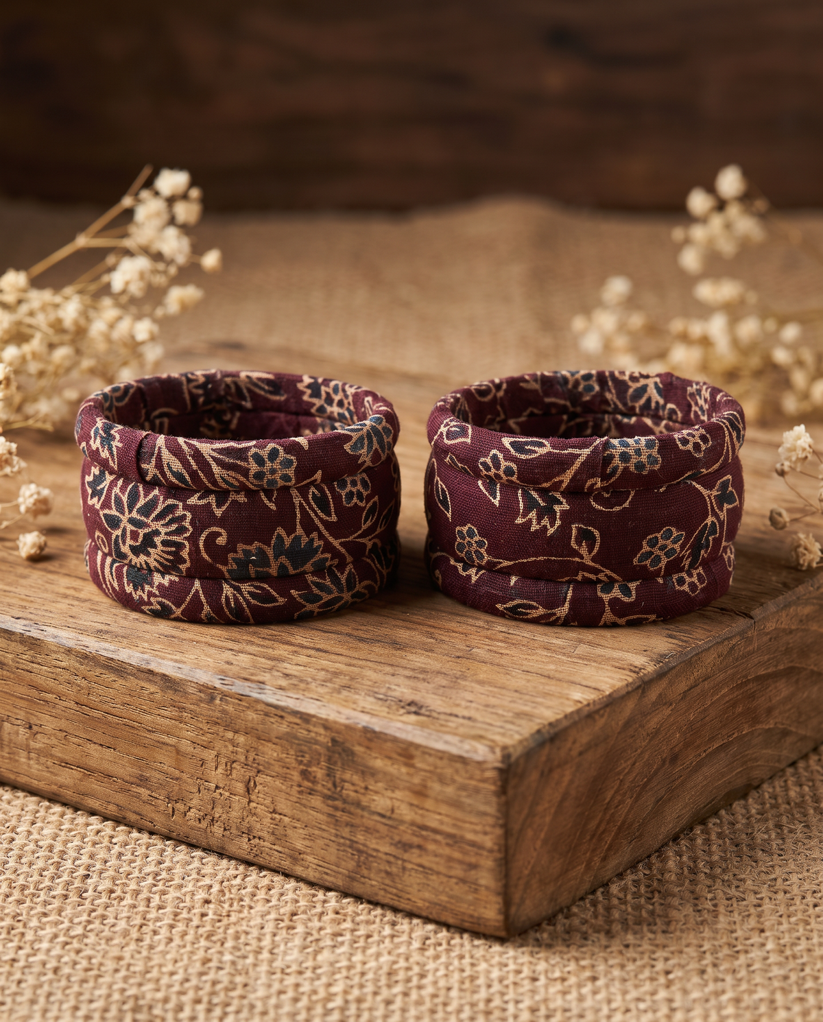Handmade maroon floral print fabric bangles by KEVILAGU, set of 6